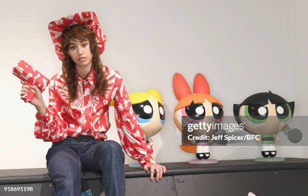 Model poses at the Katie Eary's Skate Park during London Fashion Week February 2018 on February 15, 2018 in London, England.