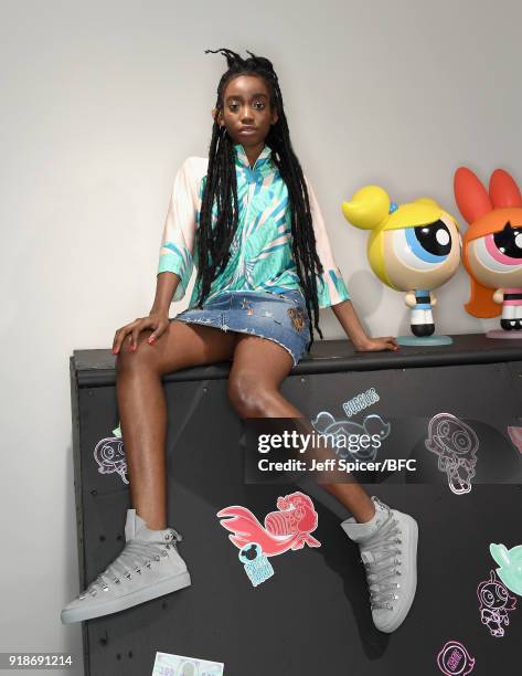 Model poses at the Katie Eary's Skate Park during London Fashion Week February 2018 on February 15, 2018 in London, England.