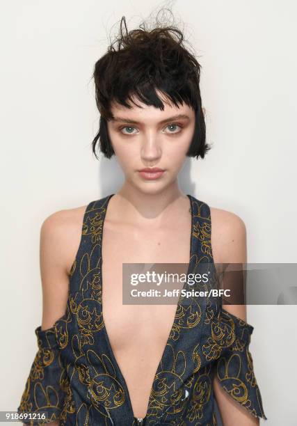 Model poses at the Katie Eary's Skate Park during London Fashion Week February 2018 on February 15, 2018 in London, England.