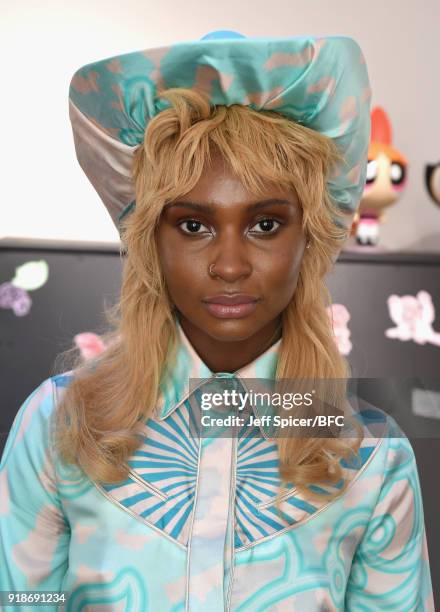 Model poses at the Katie Eary's Skate Park during London Fashion Week February 2018 on February 15, 2018 in London, England.