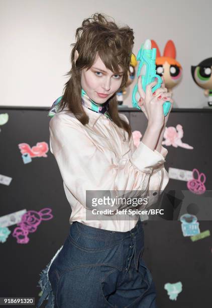 Model poses at the Katie Eary's Skate Park during London Fashion Week February 2018 on February 15, 2018 in London, England.