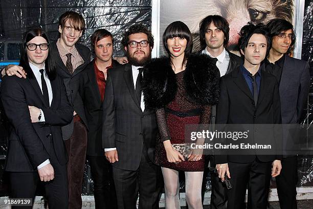 Musicians Jack Lawrence, Bradford Cox, unidentified guest, Oscar Michel, Karen O, Dean Fertita, Nick Zinner and Brian Chase of Karen O And The Kids...