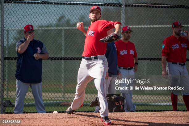 Matt Barnes of the Boston Red Sox pitches during a team workout on February 15, 2018 at Fenway South in Fort Myers, Florida .