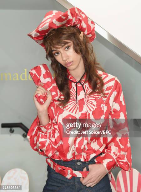 Model poses at the Katie Eary's Skate Park during London Fashion Week February 2018 on February 15, 2018 in London, England.