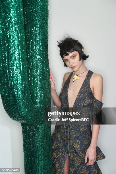 Model poses at the Katie Eary's Skate Park during London Fashion Week February 2018 on February 15, 2018 in London, England.