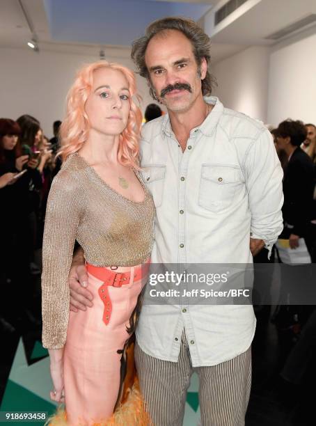 Fashion designer Katie Eary and actor Steven Ogg attend her Skate Park presentation during London Fashion Week February 2018 on February 15, 2018 in...