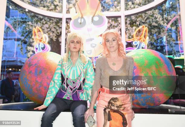 Fashion designer Katie Eary poses with a model at her Skate Park presentation during London Fashion Week February 2018 on February 15, 2018 in...