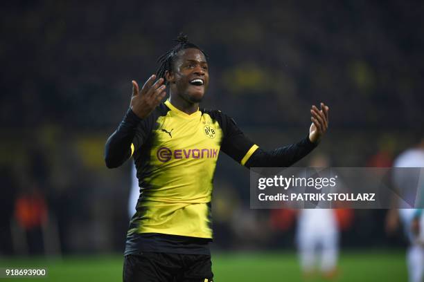 Dortmund's Belgian striker Michy Batshuayi reacts during the UEFA Europa League round of 32, first leg football match of Germany's Borussia Dortmund...