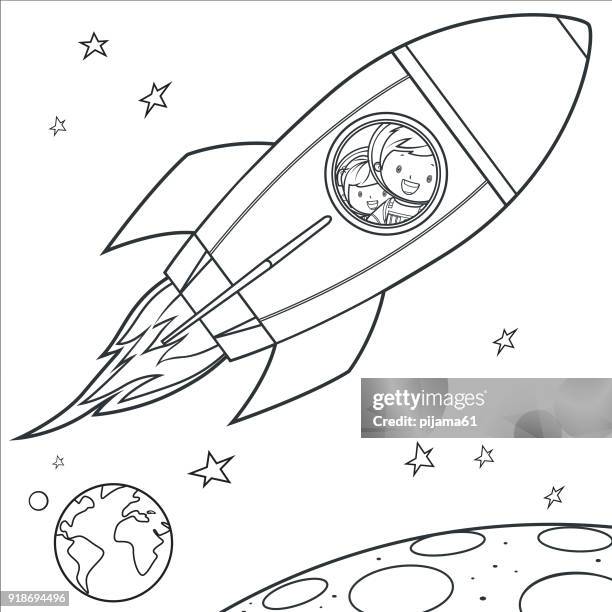 coloring book, kids going into space - coloring stock illustrations