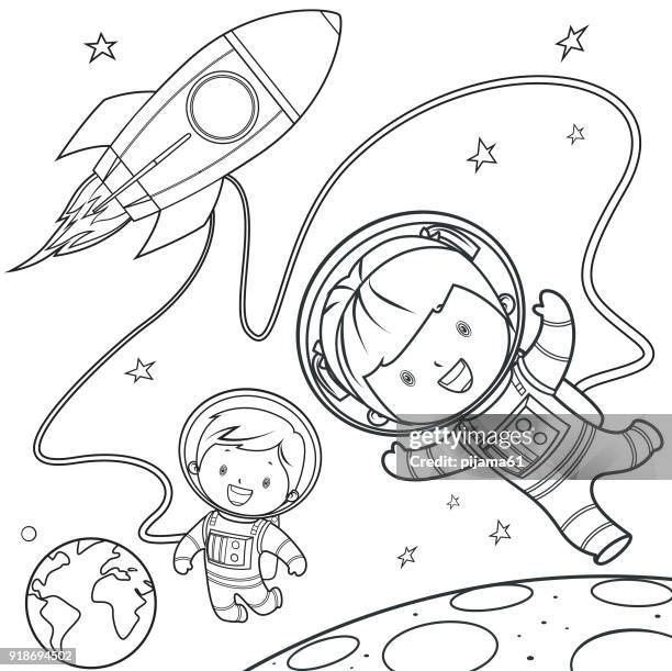 coloring book, rocket during a space travel. - coloring book stock illustrations