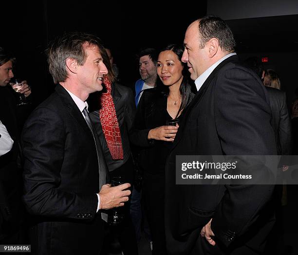 Director Spike Jonze greets actor James Gandolfini and wife Deborah Lin at the after party for the "Where The Wild Things Are" premiere at The Museum...
