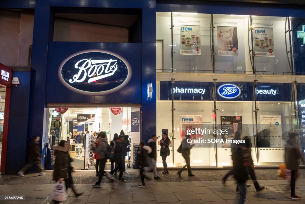 Boots store seen in London famous Oxford street. Central...