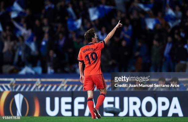 Alvaro Odriozola of Real Sociedad celebrates after scoring the first goal of Real Sociedad during UEFA Europa League Round of 32 match between Real...