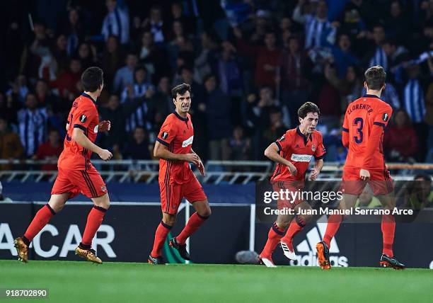 Alvaro Odriozola of Real Sociedad celebrates after scoring the first goal of Real Sociedad during UEFA Europa League Round of 32 match between Real...