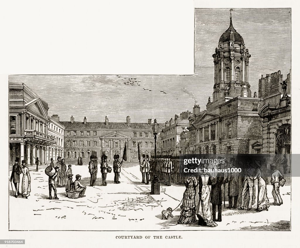 Castle Courtyard, Dublin, Ireland Victorian Engraving, Circa 1840
