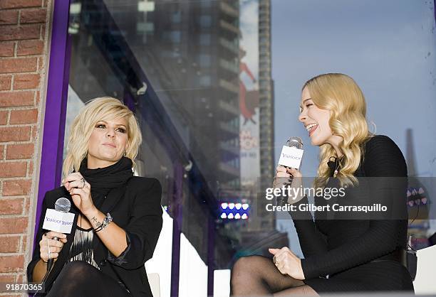 Personality Kimberly Caldwell and LeAnn Rimes attend the It's Y!ou Yahoo! yodel competition at Military Island, Times Square on October 13, 2009 in...