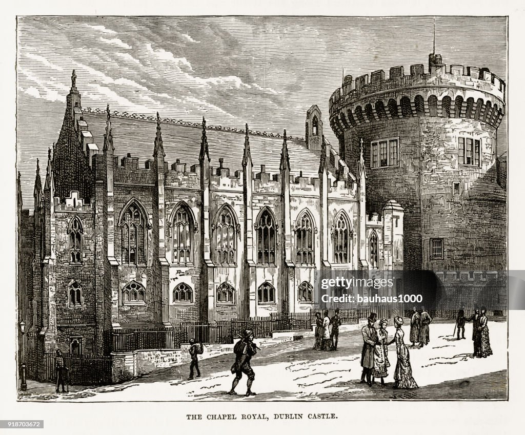 Chapel Royal, Dublin Castle, Dublin, Ireland Victorian Engraving, Circa 1840