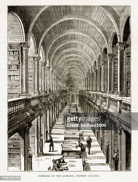 ilustrações de stock, clip art, desenhos animados e ícones de trinity college library in dublin, ireland victorian engraving, circa 1840 - trinity college library
