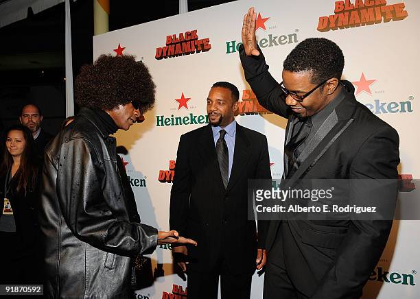 Actor Tommy Davidson, writer/actor Byron Minns and actor Michael Jai White arrive at the Los Angeles premiere of "Black Dynamite" on October 13, 2009...
