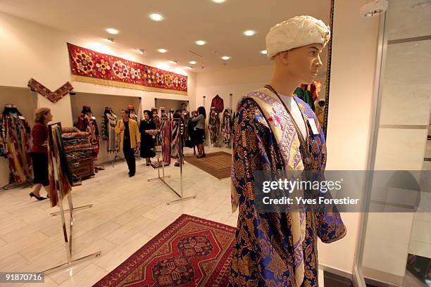 Traditional Uzbec carpets and fabrics are displayed in the shop at The Center of National Arts on October 13, 2009 in Tashkent, Uzbekistan.