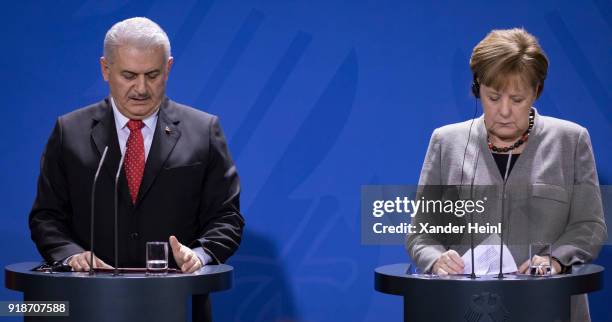 German Chancellor and leader of the German Christian Democrats Angela Merkel and the Turkish Prime Minister Binali Yildirim at a press conference at...