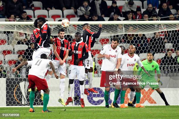 Free kick and goal of Manuel Fernandes of Moscou during the Europe League match between Nice and Lokomotiv Moscow at Allianz Riviera on February 15,...