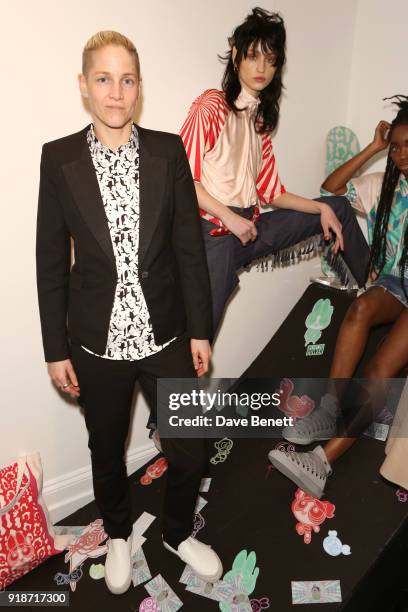 Lucy Adams and model attend the Katie Eary x The Powerpuff Girls - Skate Park Party during London Fashion Week February 2018 at Maddox Gallery on...