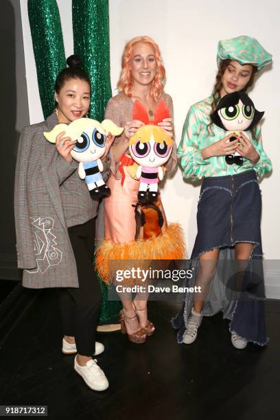 Helen Lee, Katie Eary, and model attend the Katie Eary x The Powerpuff Girls - Skate Park Party during London Fashion Week February 2018 at Maddox...