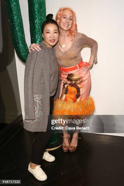 Helen Lee and Katie Eary attend the Katie Eary x The Powerpuff Girls - Skate Park Party during London Fashion Week February 2018 at Maddox Gallery on...