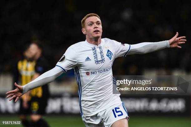 Dynamo Kiev's Viktor Tsygankov celebrates after scoring a goal during the UEFA Europa League round of 32 football match between AEK Athens and Dynamo...