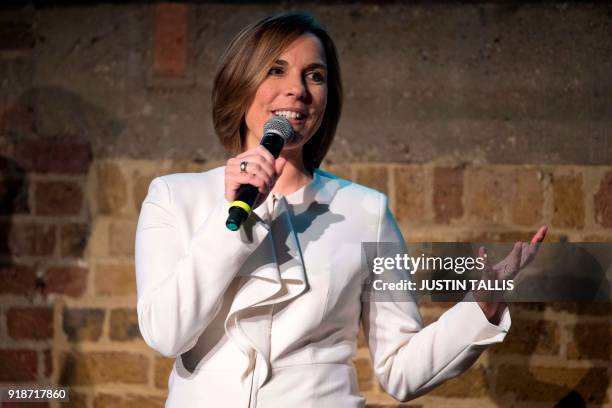 Deputy team principal Claire Williams speaks during the Williams Formula One 2018 season launch in London on February 15, 2018. / AFP PHOTO / Justin...