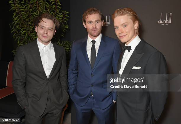 Charlie Heaton, Mark Stanley and Freddie Fox attend the Dunhill & GQ pre-BAFTA filmmakers dinner and party co-hosted by Andrew Maag & Dylan Jones at...