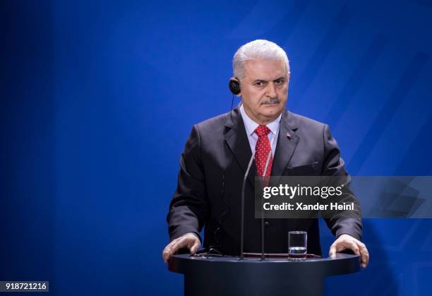 Turkish Prime Minister Binali Yildirim speaks at a press conference at the Bundeskanzleramt, on February 15, 2018 in Berlin, Germany. It is Yildirims...