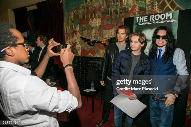 Actors Piotr Wieczorkiewicz a.k.a. Tommy Wiseau and Greg Sestero pose with a french fan as they attend 'The Disaster Artist' Premiere at Le Grand Rex...