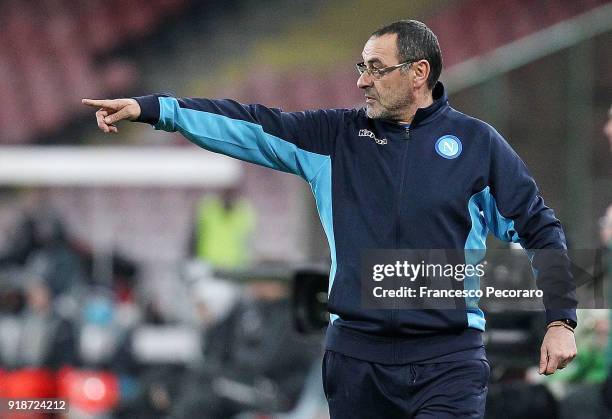 Coach of SSC Napoli Maurizio Sarri gestures during UEFA Europa League Round of 32 match between Napoli and RB Leipzig at the Stadio San Paolo on...