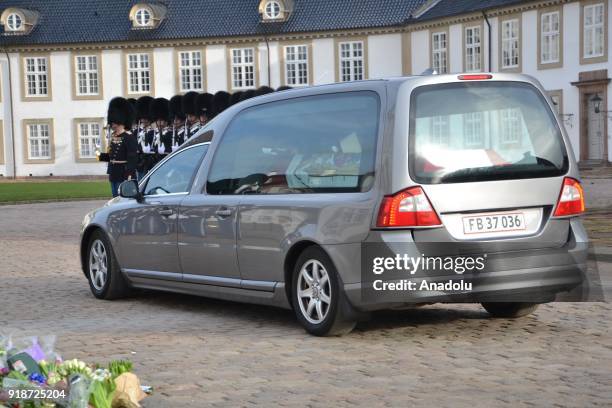 Hearse carries the casket of Danish Queen Margrethe's husband Prince Henrik in front of Fredensborg Palace in Fredensborg, Denmark on February 15,...