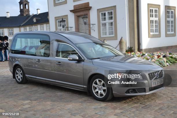 Hearse carries the casket of Danish Queen Margrethe's husband Prince Henrik in front of Fredensborg Palace in Fredensborg, Denmark on February 15,...