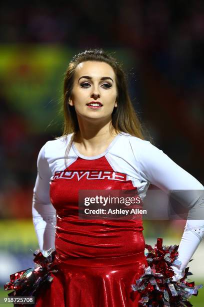 Hull KR cheerleader is seen during the BetFred Super League match between Hull KR and Catalans Dragons at KCOM Craven Park on February 15, 2018 in...