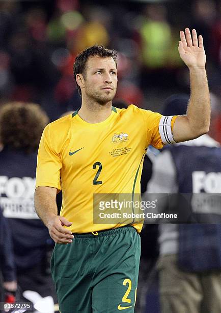 Lucas Neill of Australia waves to the fans after the Asian Cup Group B qualifying match between the Australian Socceroos and Oman at Etihad Stadium...