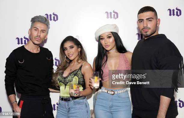 Danny Defreitas, Thuy Le and Sal, the Eye Brow King attend the Urban Decay Collection Launch at The Curtain on February 15, 2018 in London, England.