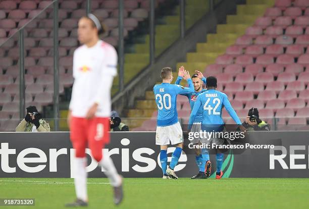 Players of SSC Napoli Adam Ounas, Marko Rog and Amadou Diawara celebrate the 1-0 goal scored by Adam Ounas, beside the disappointment of Yussuf...