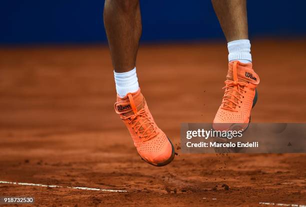 Thomaz Bellucci of Brazil jumps to serves during a second round match between Diego Schwartzman of Argentina and Thomaz Bellucci of Brazil as part of...