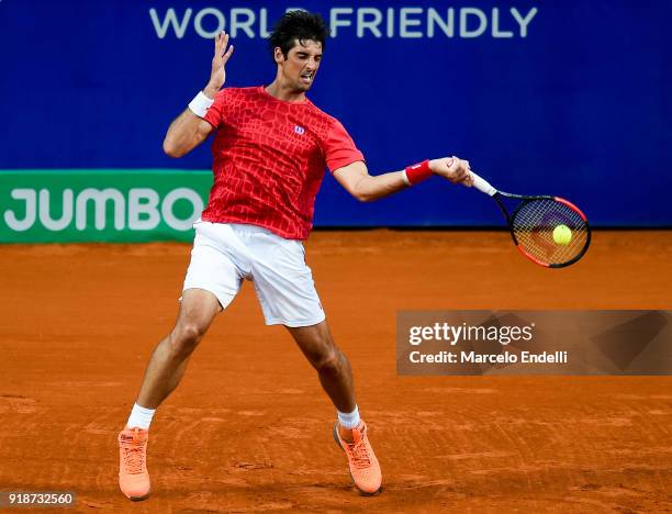 Thomaz Bellucci of Brazil takes a forehand shot during a second round match between Diego Schwartzman of Argentina and Thomaz Bellucci of Brazil as...