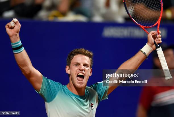 Diego Schwartzman of Argentina celebrates after winning a second round match between Diego Schwartzman of Argentina and Thomaz Bellucci of Brazil as...