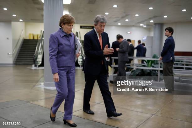 Sen. Jeanne Shaheen speaks with Sen. Roy Blunt on Capitol Hill on February 15, 2018 in Washington, DC. The Senate failed to pass an immigration fix,...