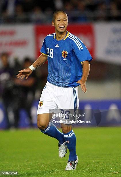 Takayuki Morimoto of Japan celebrates after scoring during the Kirin Challenge Cup 2009 match between Japan and Togo at Miyagi Stadium on October 14,...