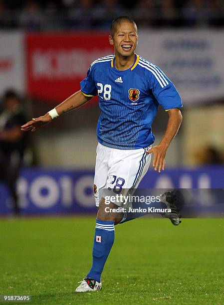 Takayuki Morimoto of Japan celebrates after scoring during the Kirin Challenge Cup 2009 match between Japan and Togo at Miyagi Stadium on October 14,...