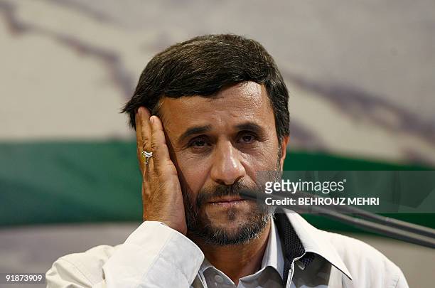 Iran's hardline President Mahmoud Ahmadinejad holds a press conference in Tehran on June 14, 2009. Ahmadinejad defended his hotly disputed...