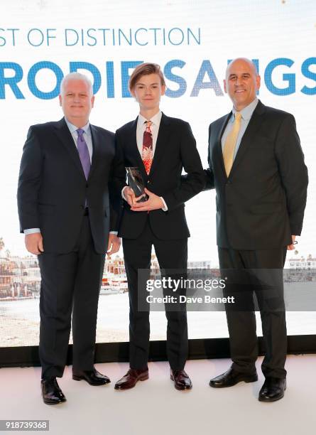 Gary Sherwin and Gregg Schwenk present Thomas Brodie-Sangster with an Artist of Distinction honour at the Newport Beach Film Festival UK Honours in...