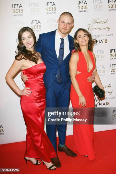 Brit Landa, Alexander Ludwig and Kristy Dawn Dinsmore attend the 'IFTA Film & Drama Awards' at Mansion House on February 15, 2018 in Dublin, Ireland.